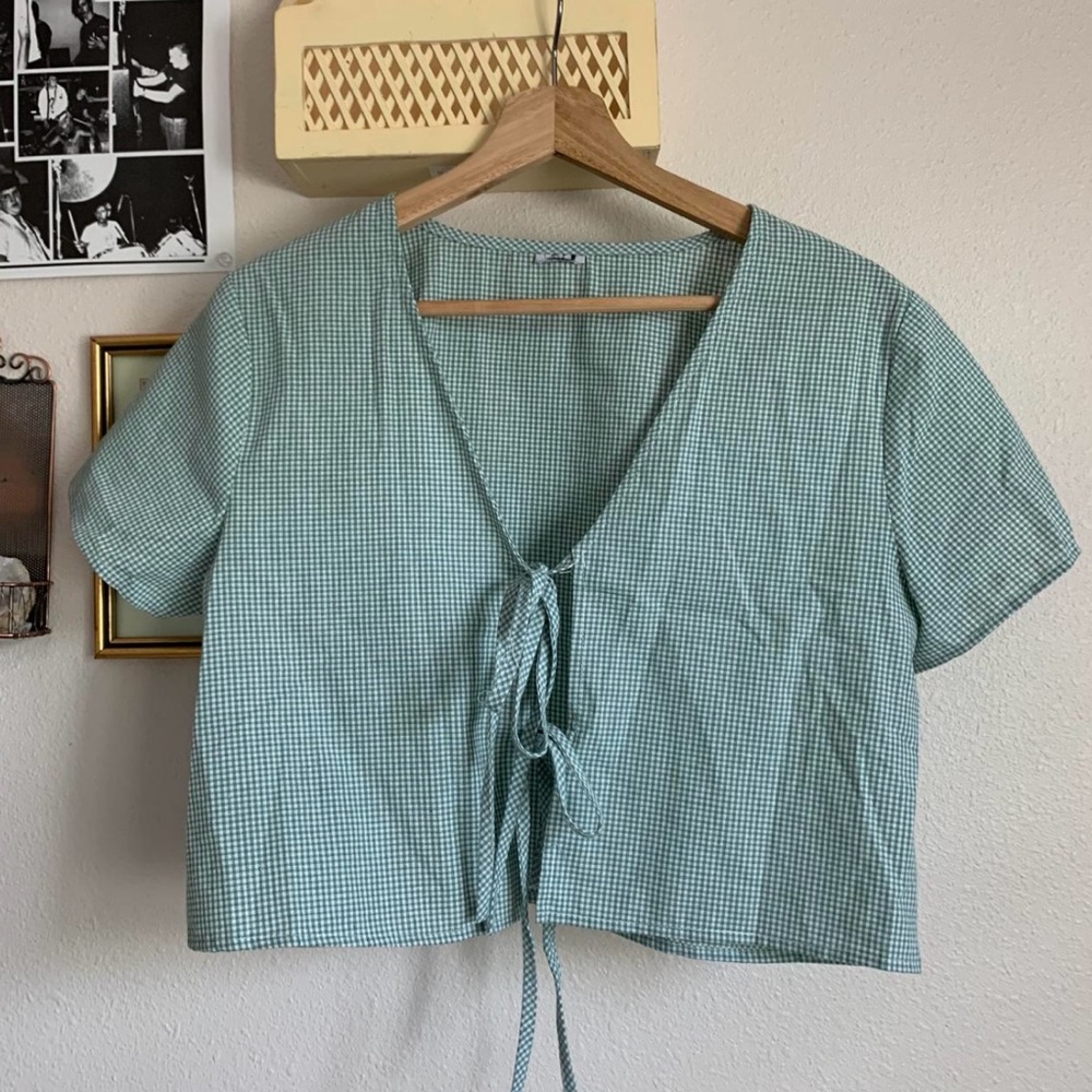 Green Gingham Tie-Front Top